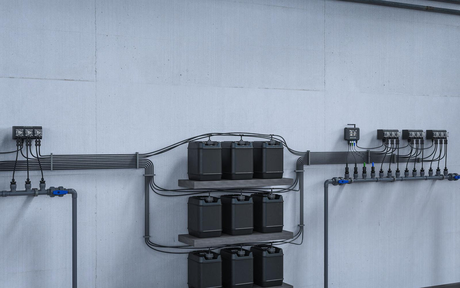 Elixir pumps drawing from centralized nutrient tanks across a facility