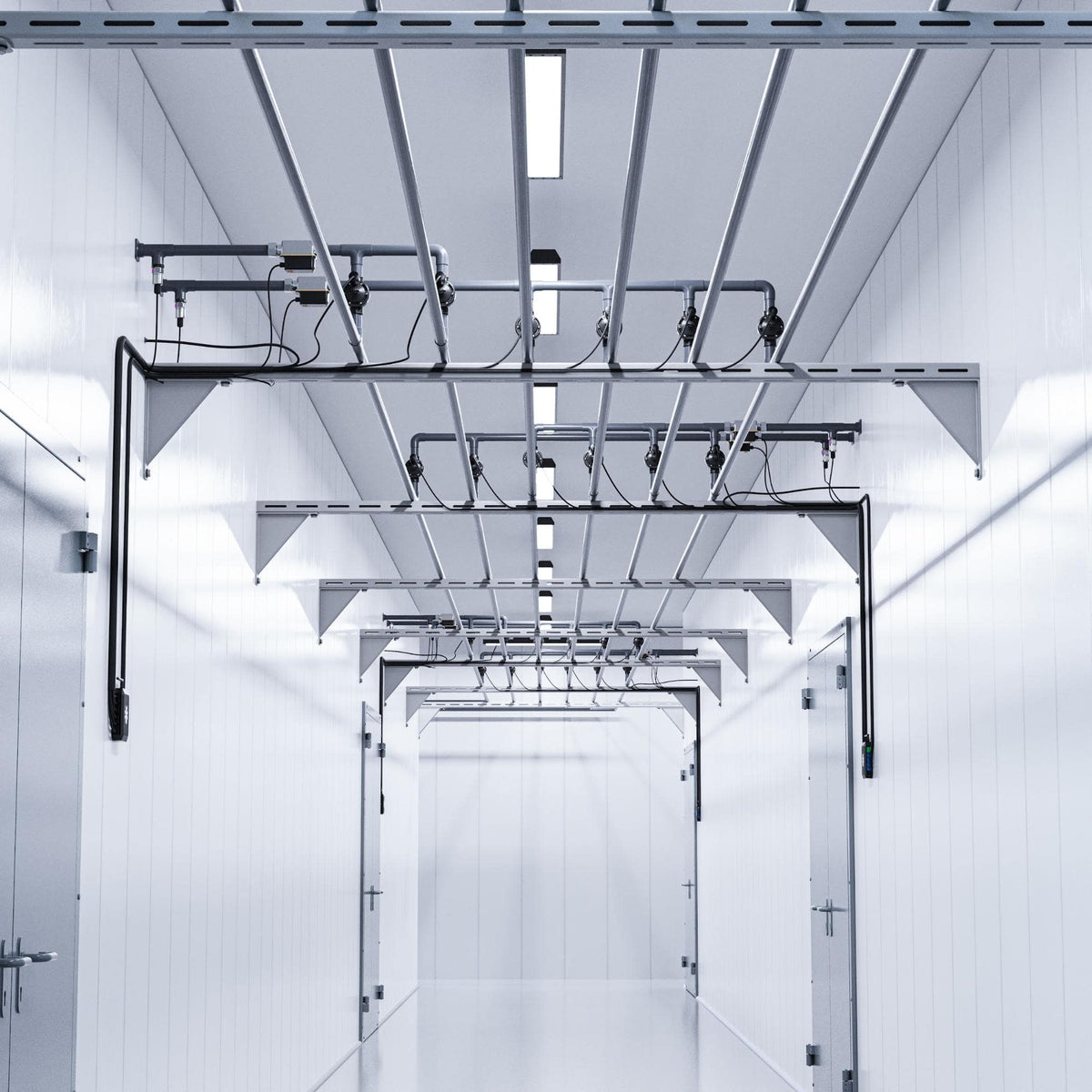 Grow rooms zone-fed with solenoids, flow meters and pressure sensors